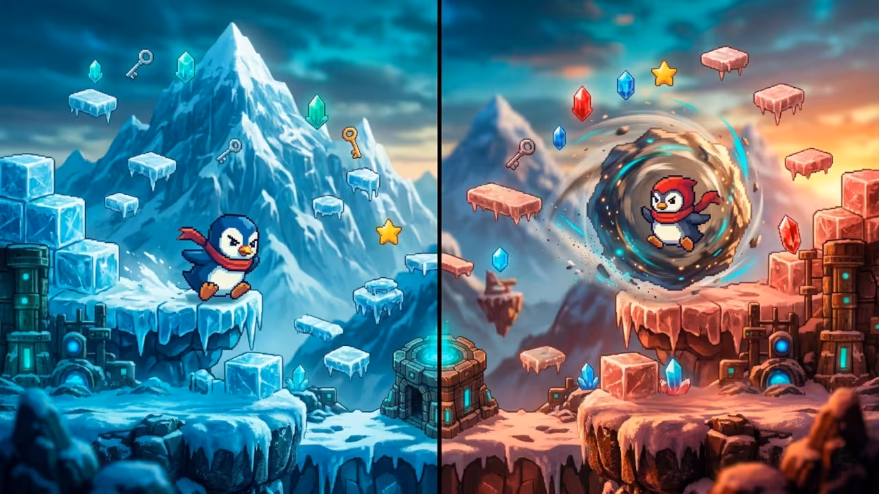 SuperTux 0.7.0 local multiplayer split screen showing two penguin characters competing on icy arena