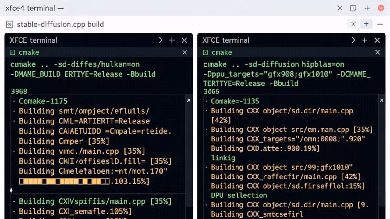 Terminal showing Vulkan and ROCm build commands for stable-diffusion.cpp