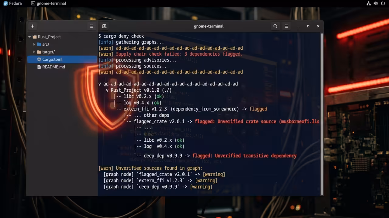 Glowing red warning shield icon overlaid on dark terminal screen displaying Rust code with highlighted FFI extern blocks and dependency tree graphs