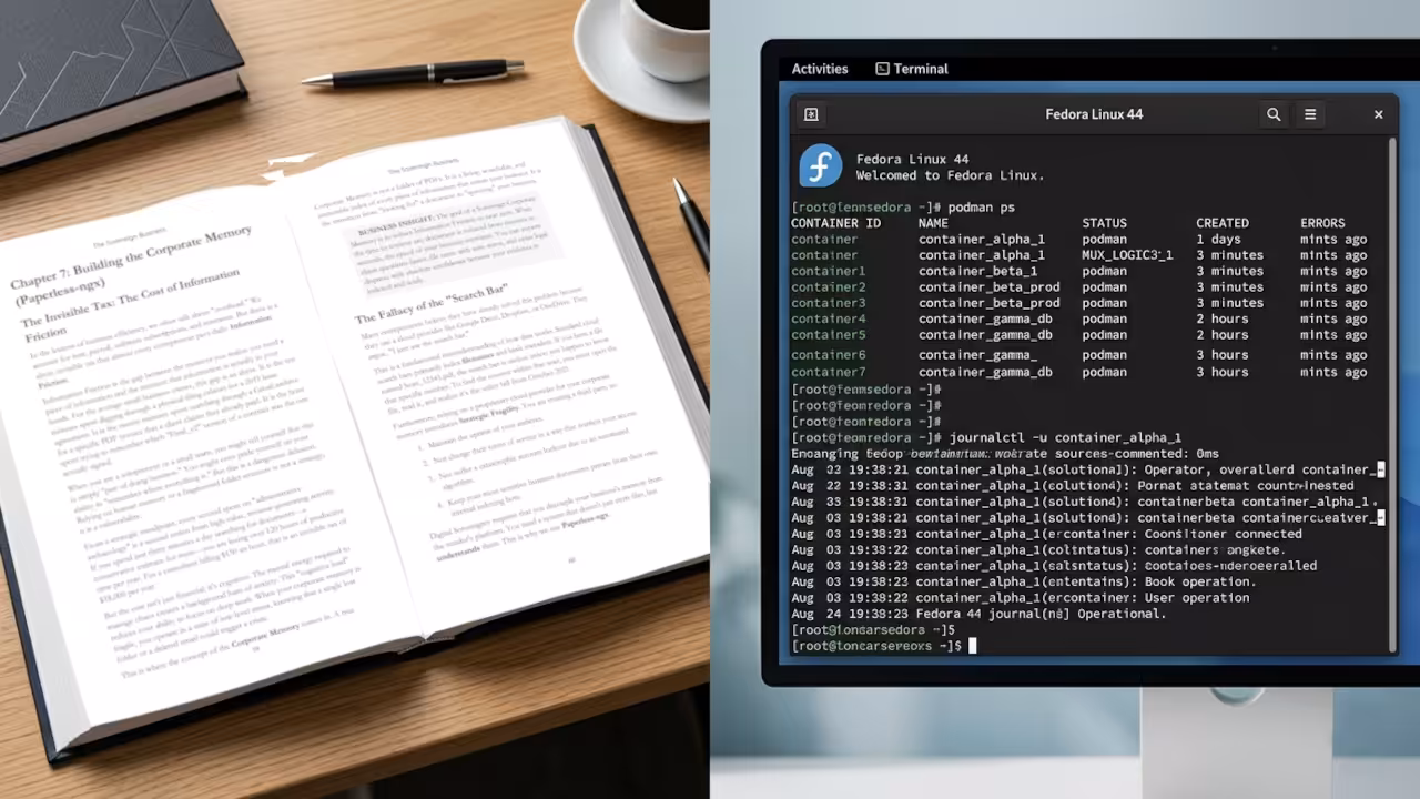 The Sovereign Business book on a brushed aluminum desk with holographic circuits