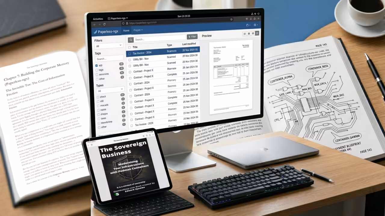 Paperless-ngx interface with the ebook open on a tablet