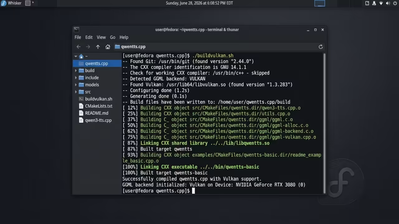 Fedora XFCE terminal running qwentts.cpp build script with GGML backend initialization output