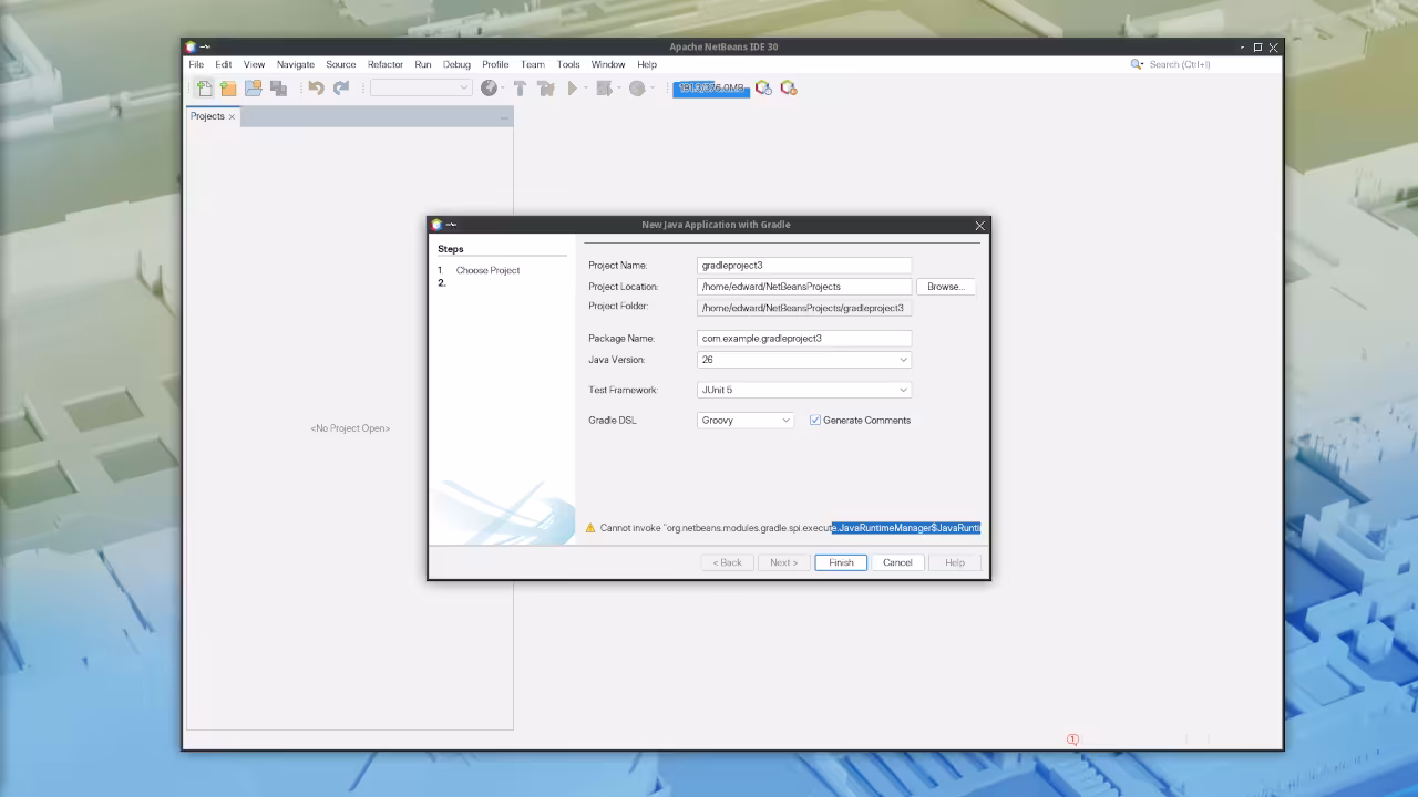 Apache NetBeans 30 IDE workspace showing clean Gradle project with no warnings