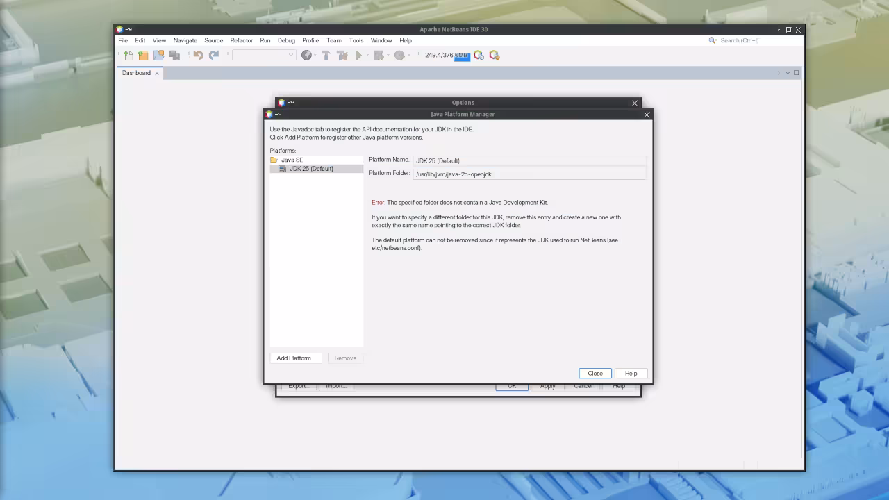 NetBeans 30 Java Platforms manager showing JDK 26, 25, and 21 support