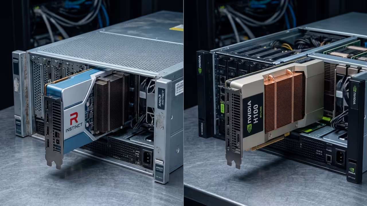 Side-by-side terminal comparison showing rocm-smi for AMD Instinct MI60 and nvidia-smi for RTX A6000 on Fedora 44 XFCE4 desktop