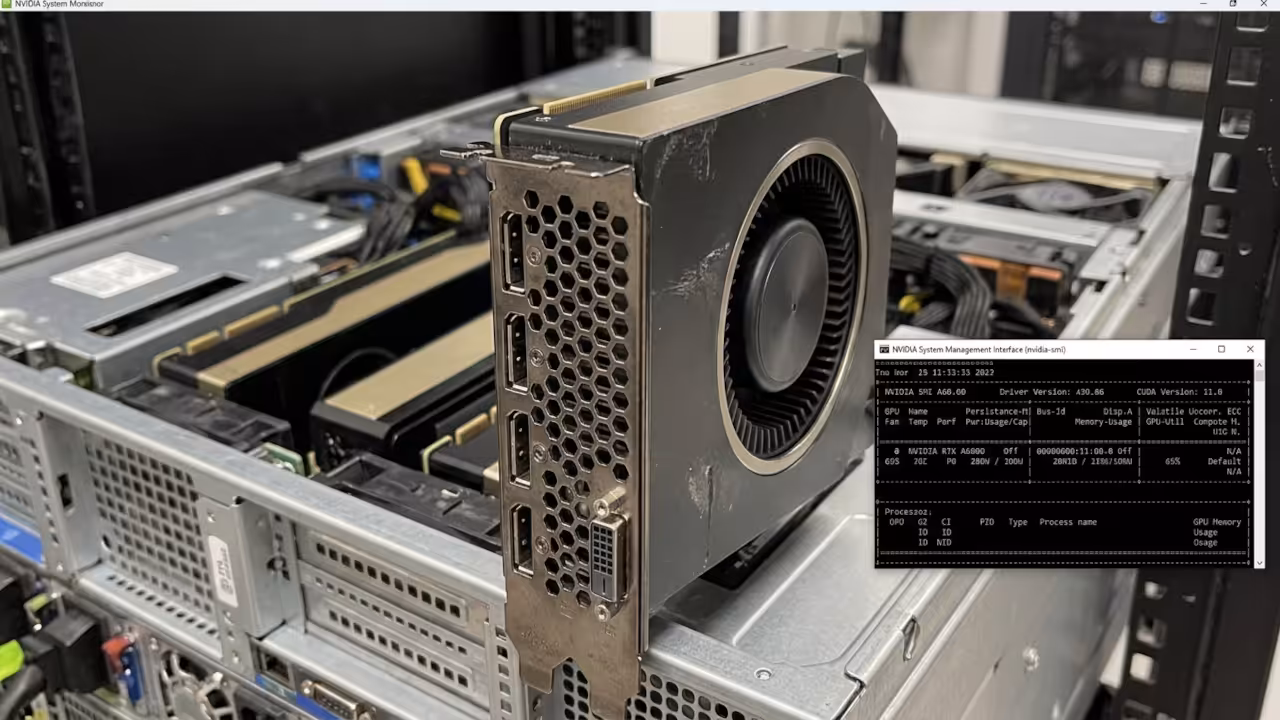 Isometric cross-section view of enterprise GPU blower cooling system with translucent housing showing internal fan blades and heat pipes
