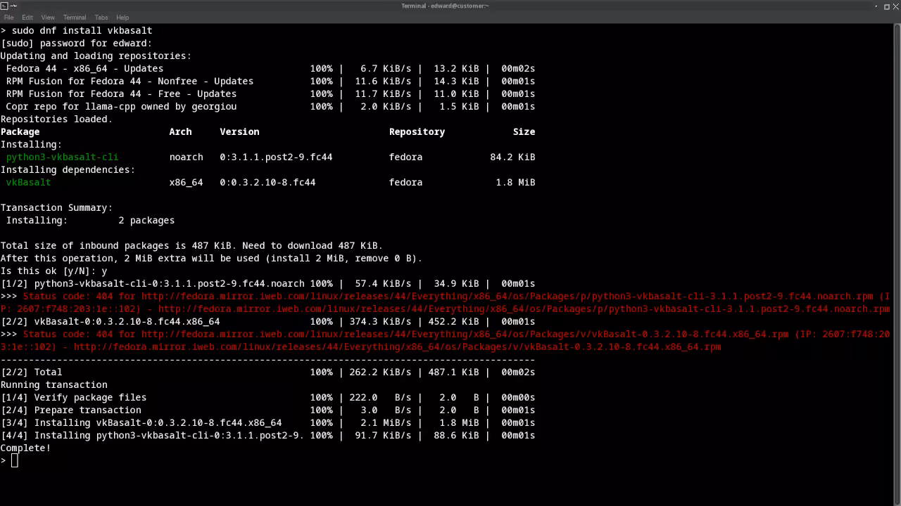 Fedora terminal showing vkBasalt installation via dnf