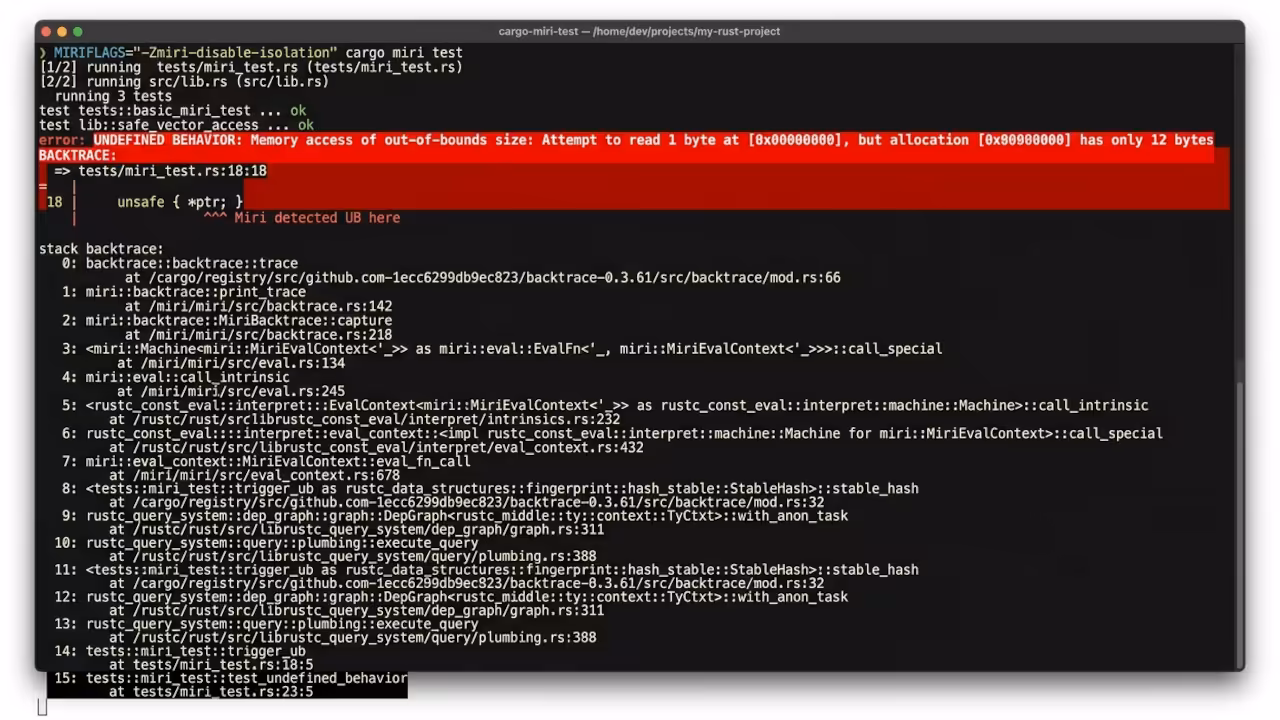 Terminal running cargo miri test with MIRIFLAGS showing detected undefined behavior error