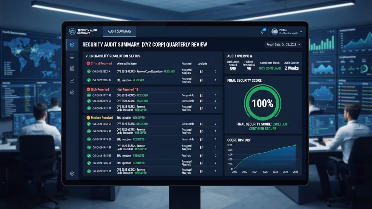 Professional security audit report interface showing resolved vulnerabilities
