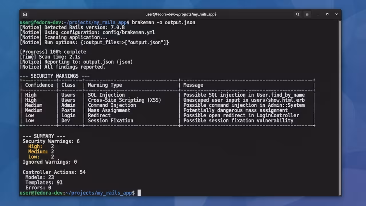 Brakeman static analysis terminal output
