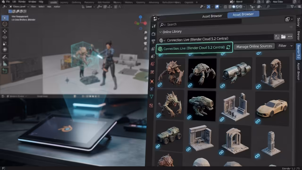 Blender 5.2 Asset Browser interface showing web linking
