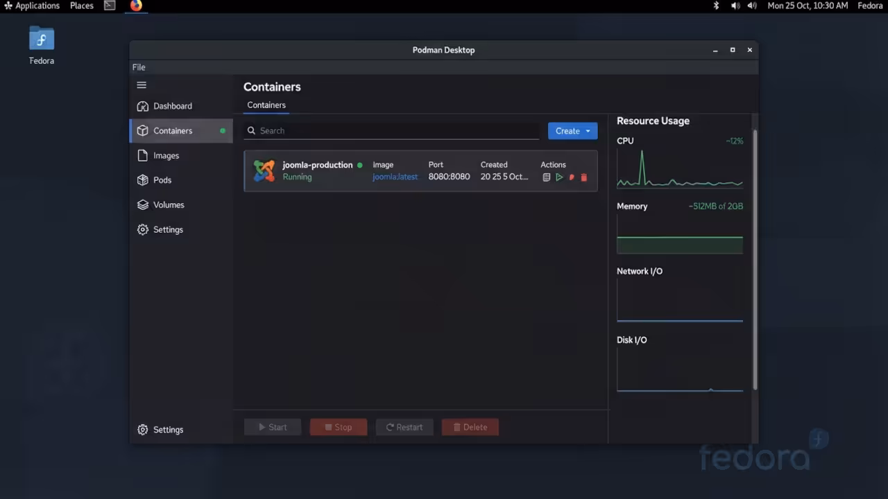 Podman Desktop application window showing running Joomla container with status indicator and port mapping