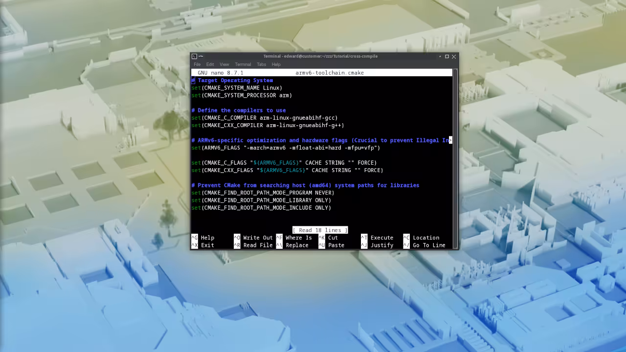 Terminal showing CMake configuration output for ARMV6 cross compilation