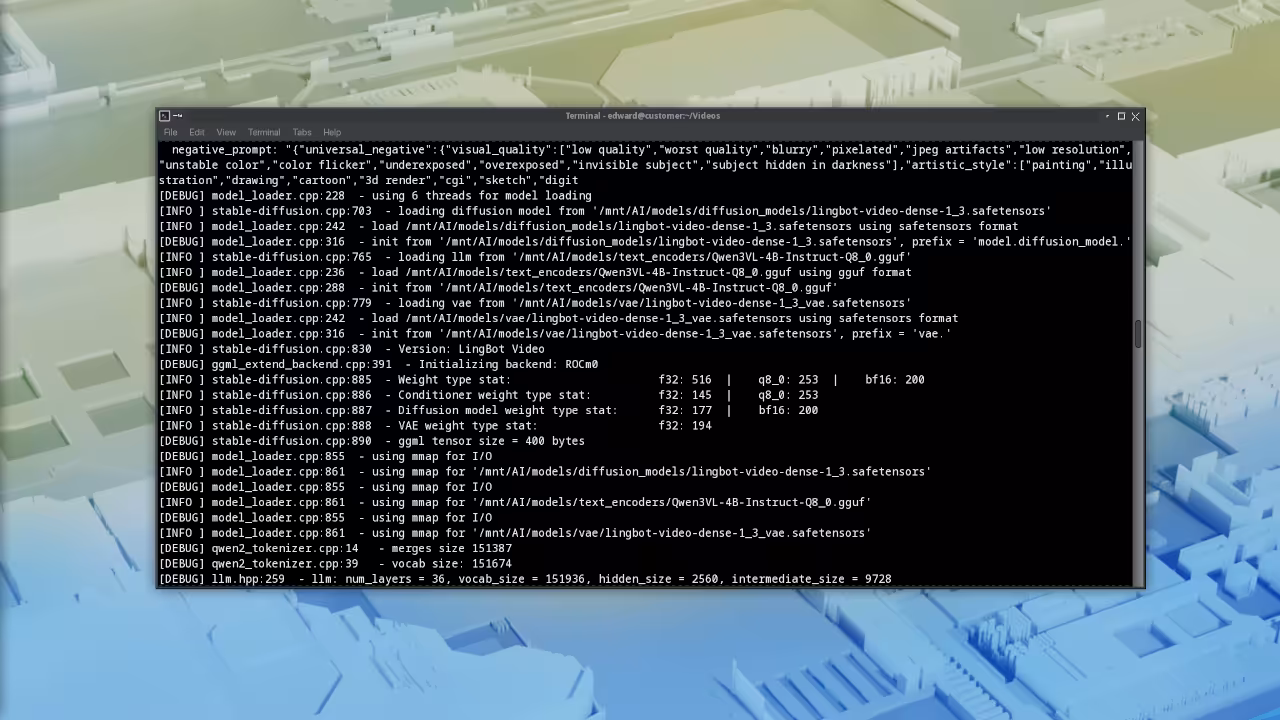 Fedora 44 terminal running sd-cli sd-rocm LingBot Video generation command
