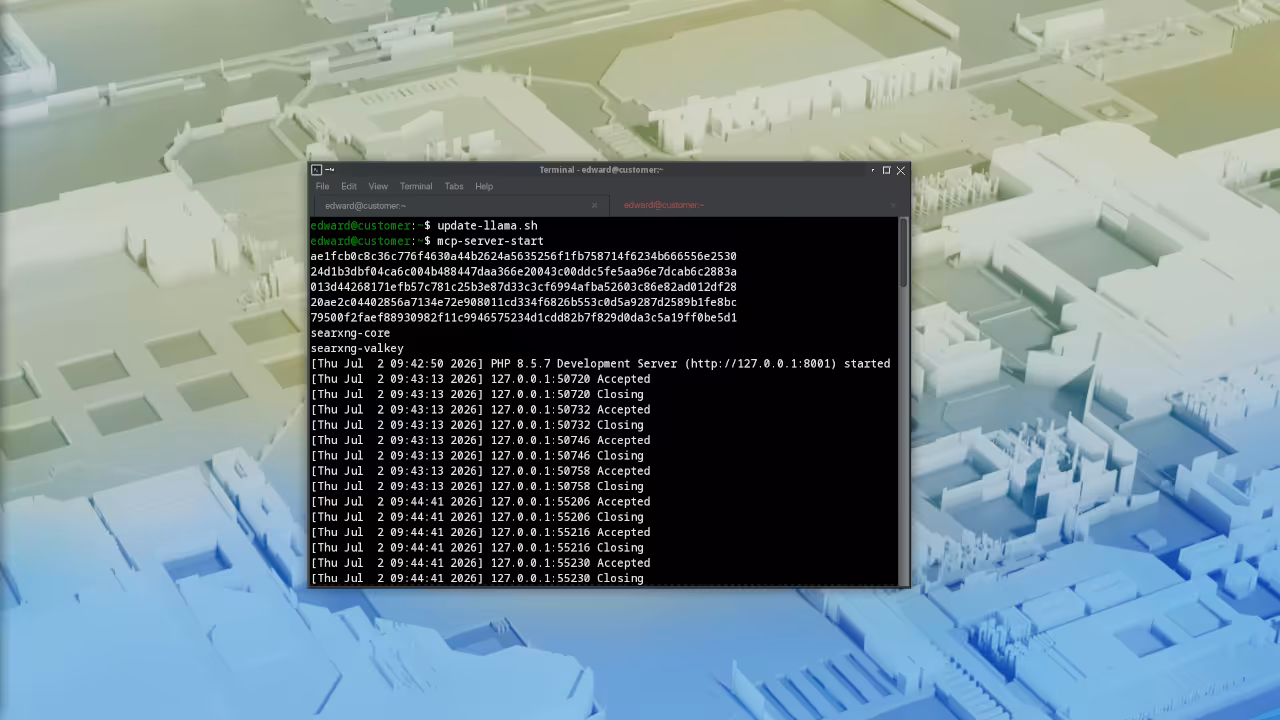 Terminal window showing PHP built in server launch command with MCP bridge running