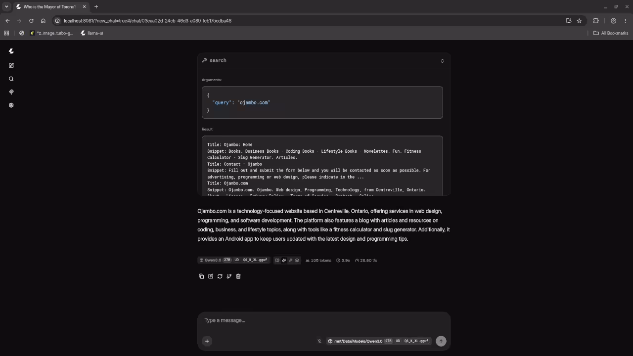 SearXNG search results in JSON format showing connection from MCP bridge