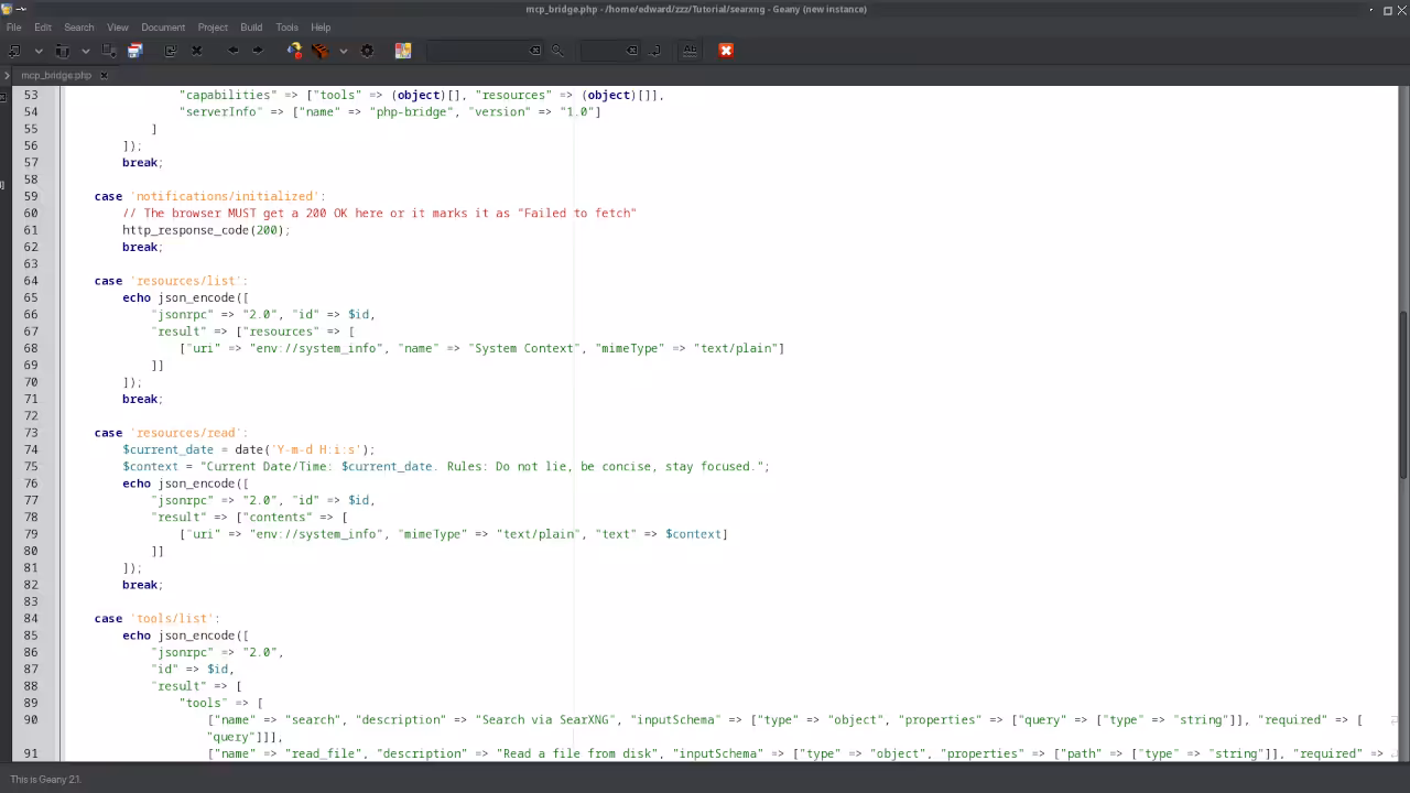 PHP MCP Bridge source code showing system context resource handler