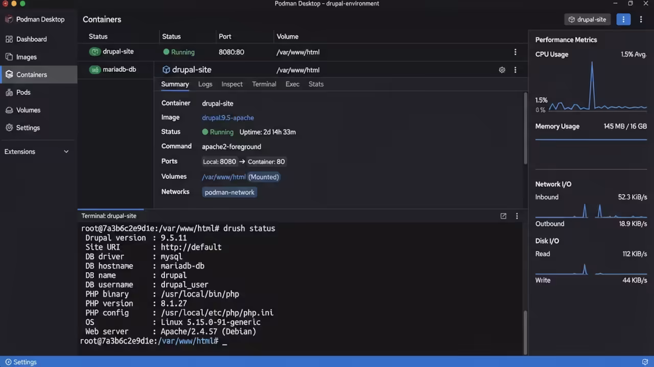 Podman Desktop application window showing active containers tab