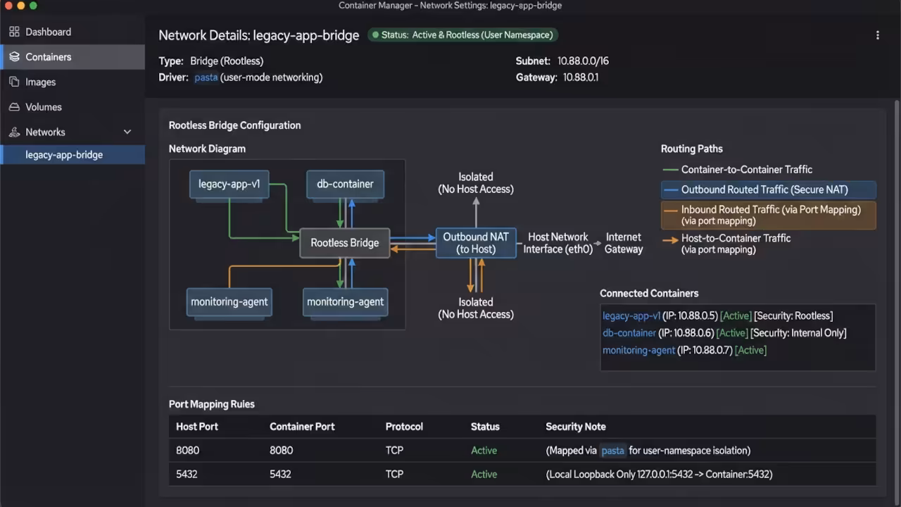 Network settings panel within container management software