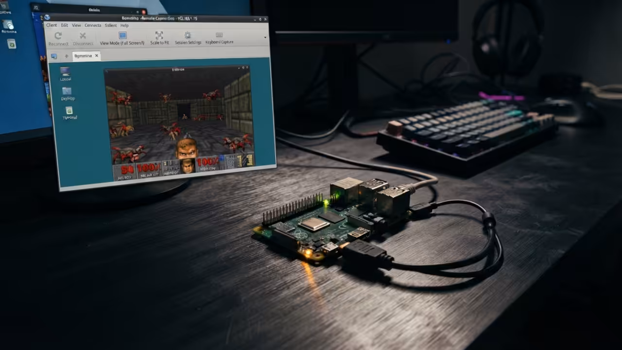 RDP remote desktop client showing successful connection to single board computer with Doom game rendering visible in the viewport