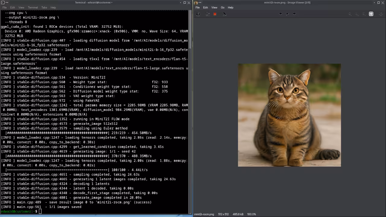 Terminal screenshot showing sd-cli command running MiniT2I on AMD MI60 with ROCm