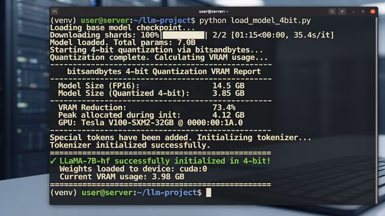 Terminal output showing bitsandbytes 4bit quantization loading sequence and VRAM reduction metrics