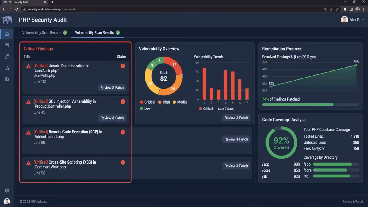 PHP Security Audit dashboard showing vulnerability scan results