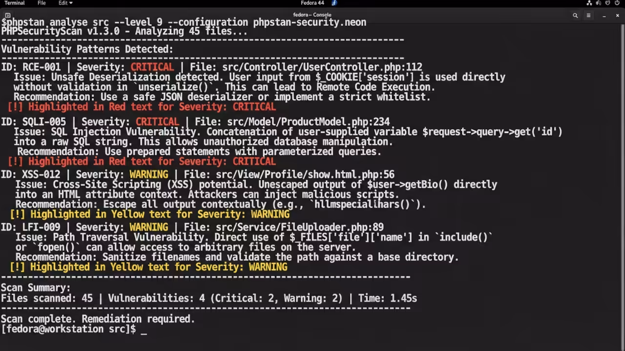 Terminal running PHP static analysis security scanner