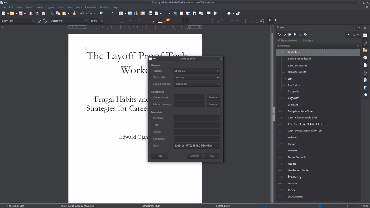 LibreOffice Export as EPUB dialog with paragraph styles sidebar showing Chapter Heading style