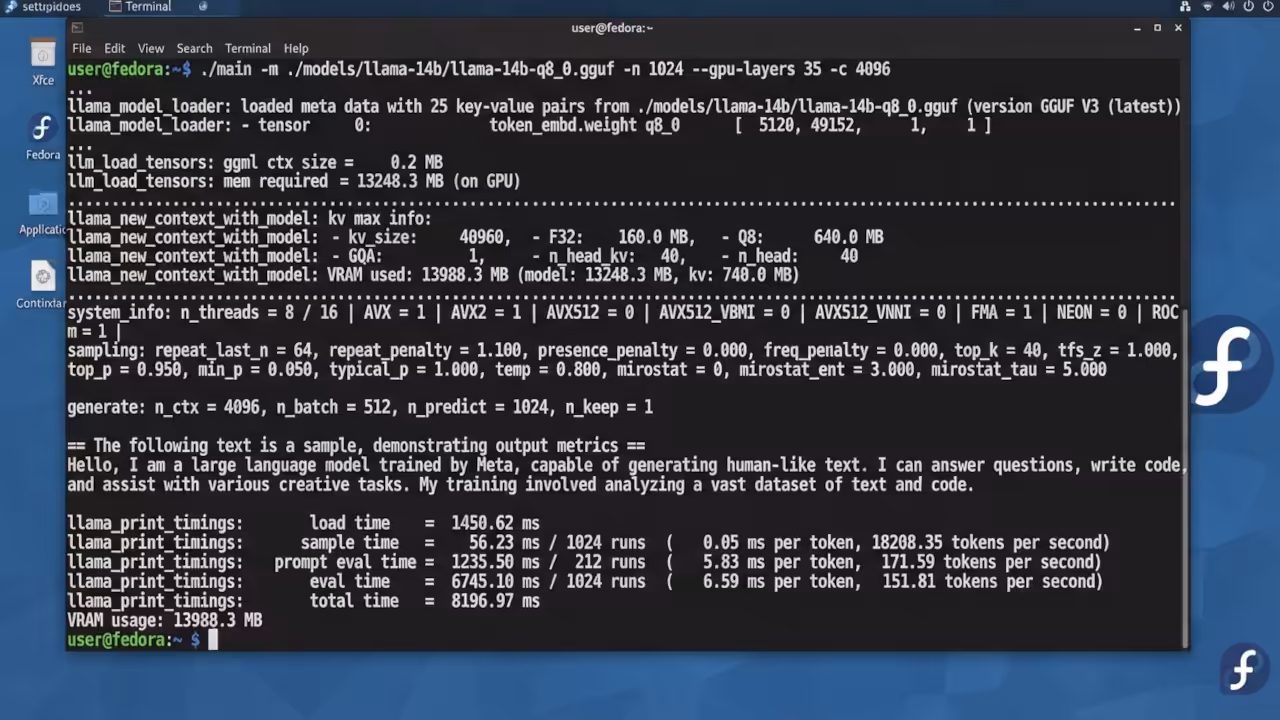 llama.cpp terminal output showing token generation speed on AMD MI60 with ROCm backend