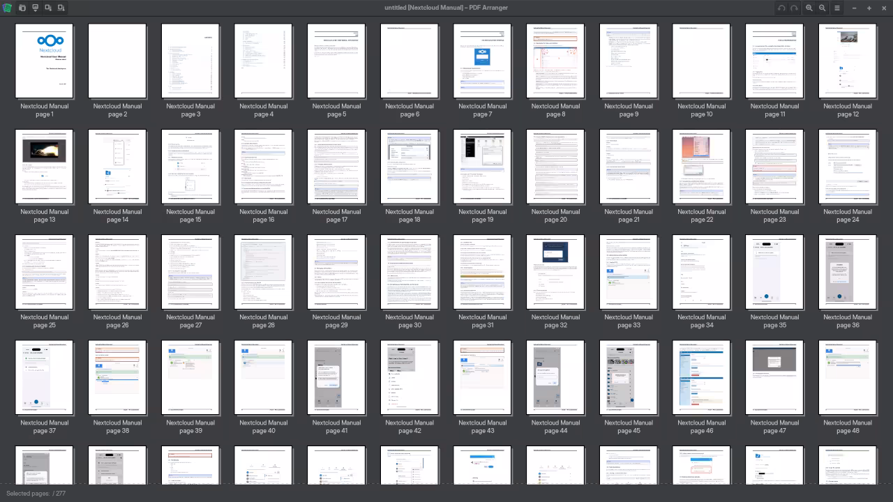 PDF Arranger workspace showing page thumbnails from multiple documents with rotate crop and split toolbar icons