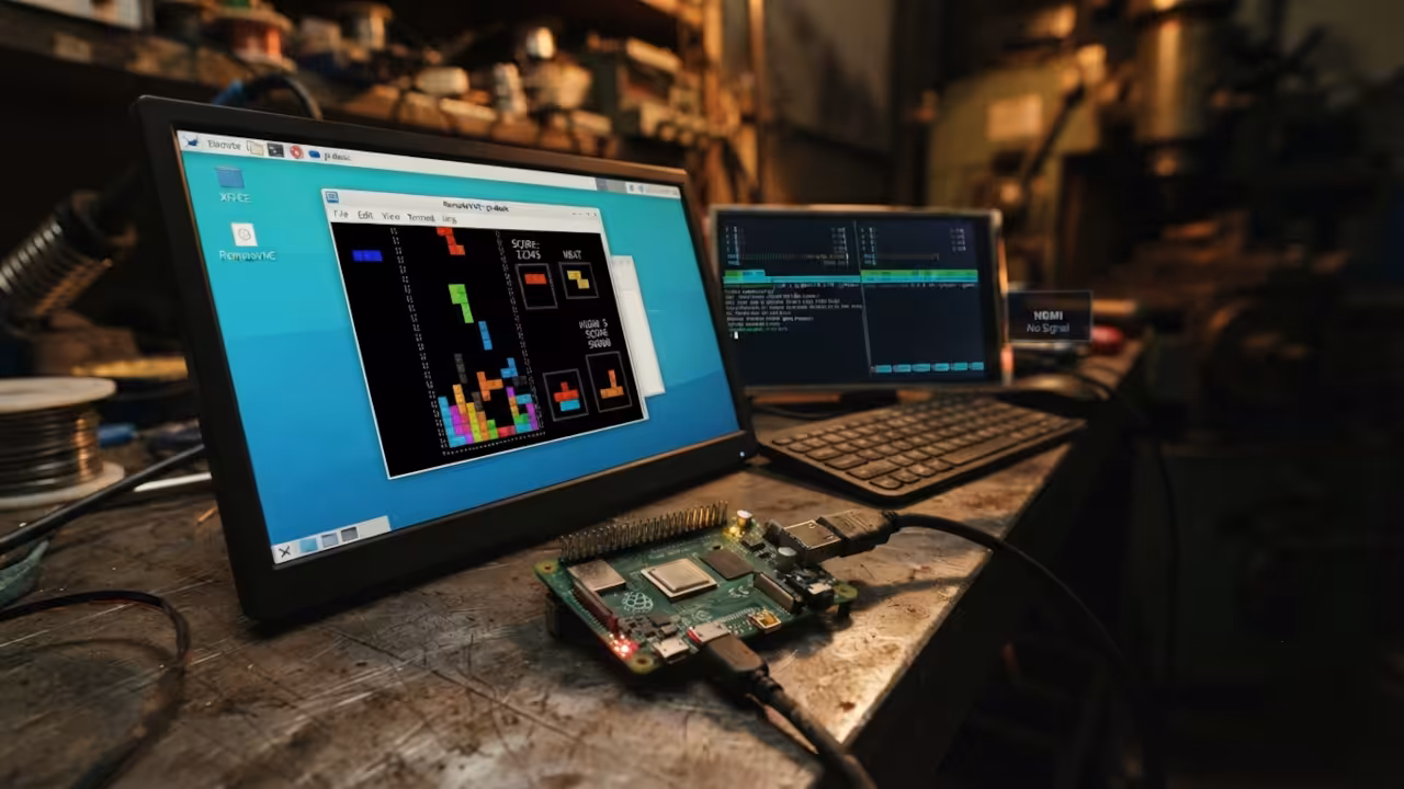 Lightweight desktop environment on a Linux workstation showing a remote desktop window connected to the tiny single-board computer