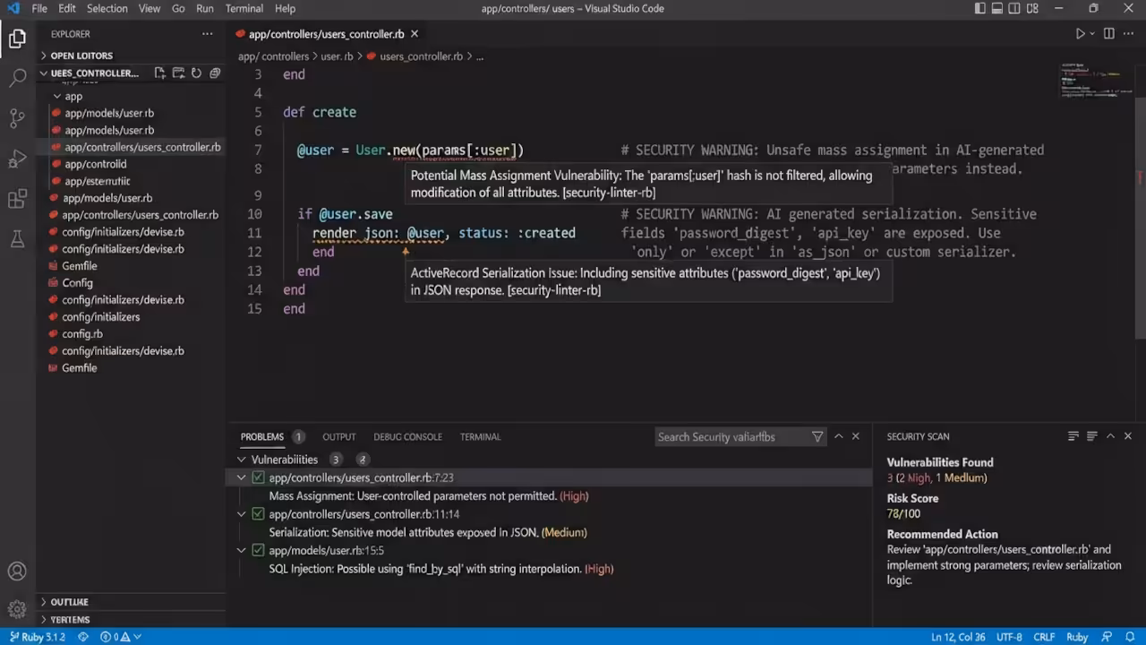 Terminal showing Brakeman security scanner output for Ruby on Rails code analysis
