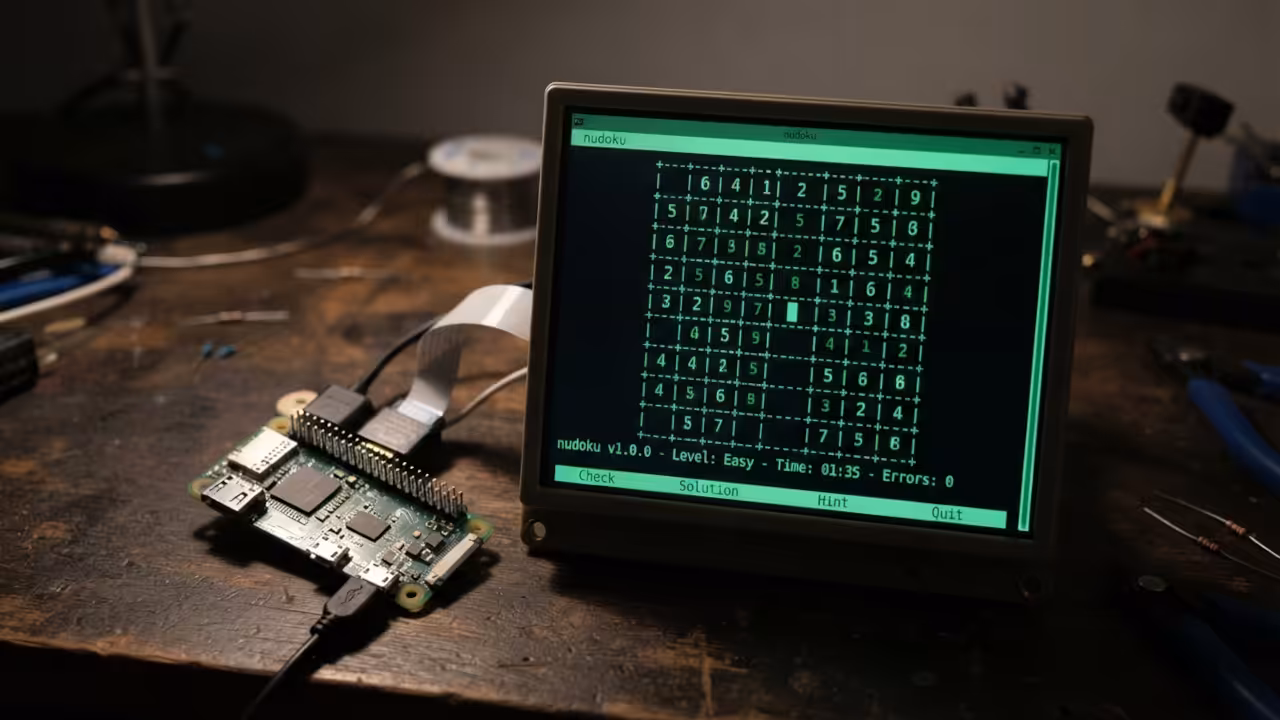Nudoku running in a black terminal on Pi Zero W