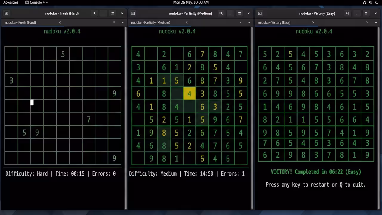 Gallery of nudoku game states in terminal
