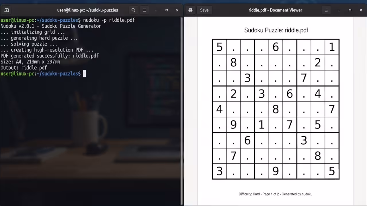 Terminal output and PDF result of Cairo export