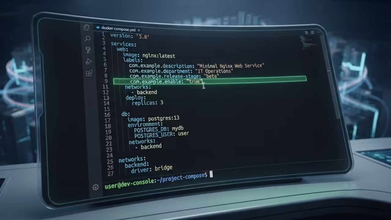 Code editor window displaying the compose file with the enable label highlighted