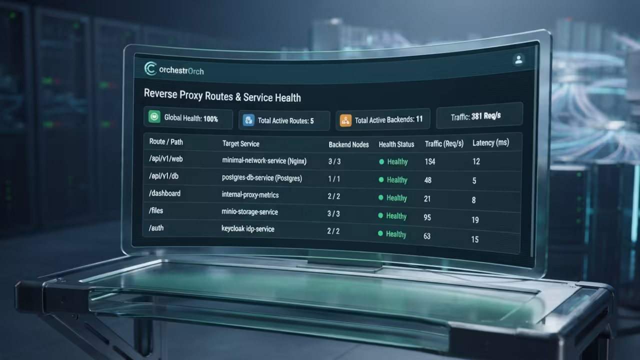 Reverse proxy dashboard interface showing active routes and service health status