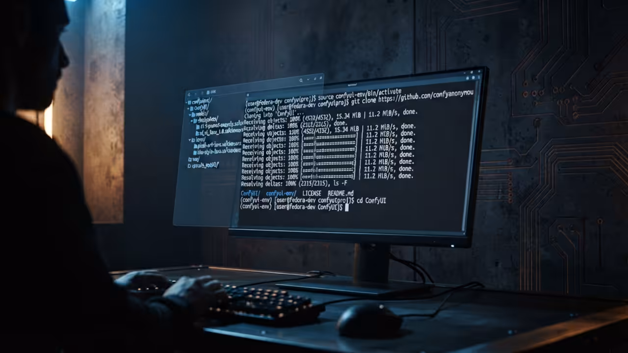 Fedora 44 terminal showing ComfyUI virtual environment activation and git clone commands