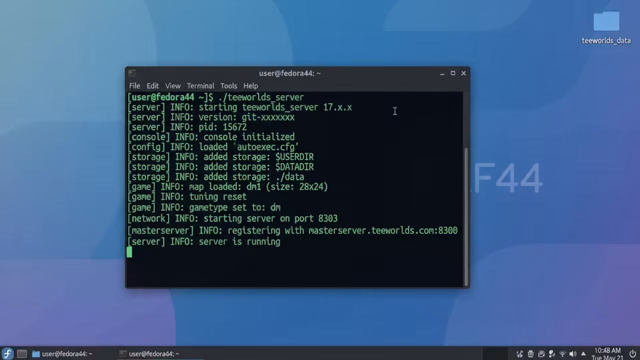 Fedora 44 terminal running teeworlds_server