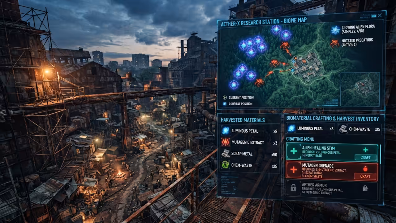Map view showing glowing alien plants and mutated creatures