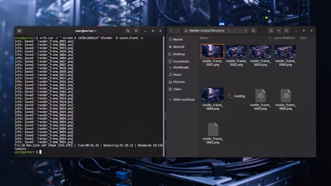 Terminal executing xvfb-run and output frames