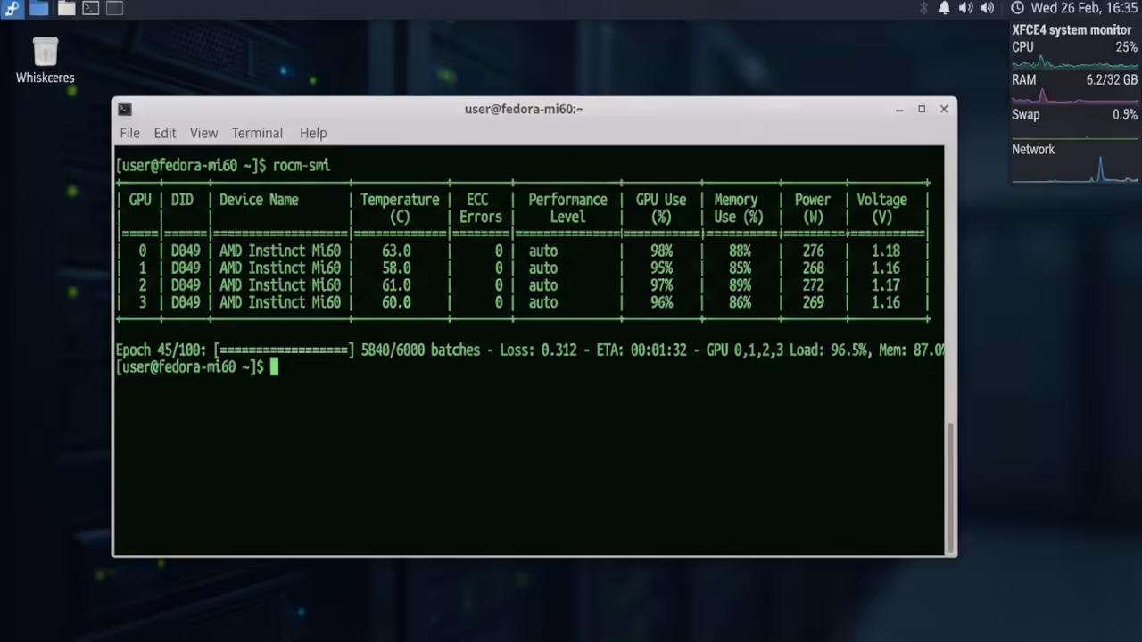 Fedora 44 terminal displaying rocm-smi output showing AMD Instinct Mi60 GPU metrics during PyTorch training