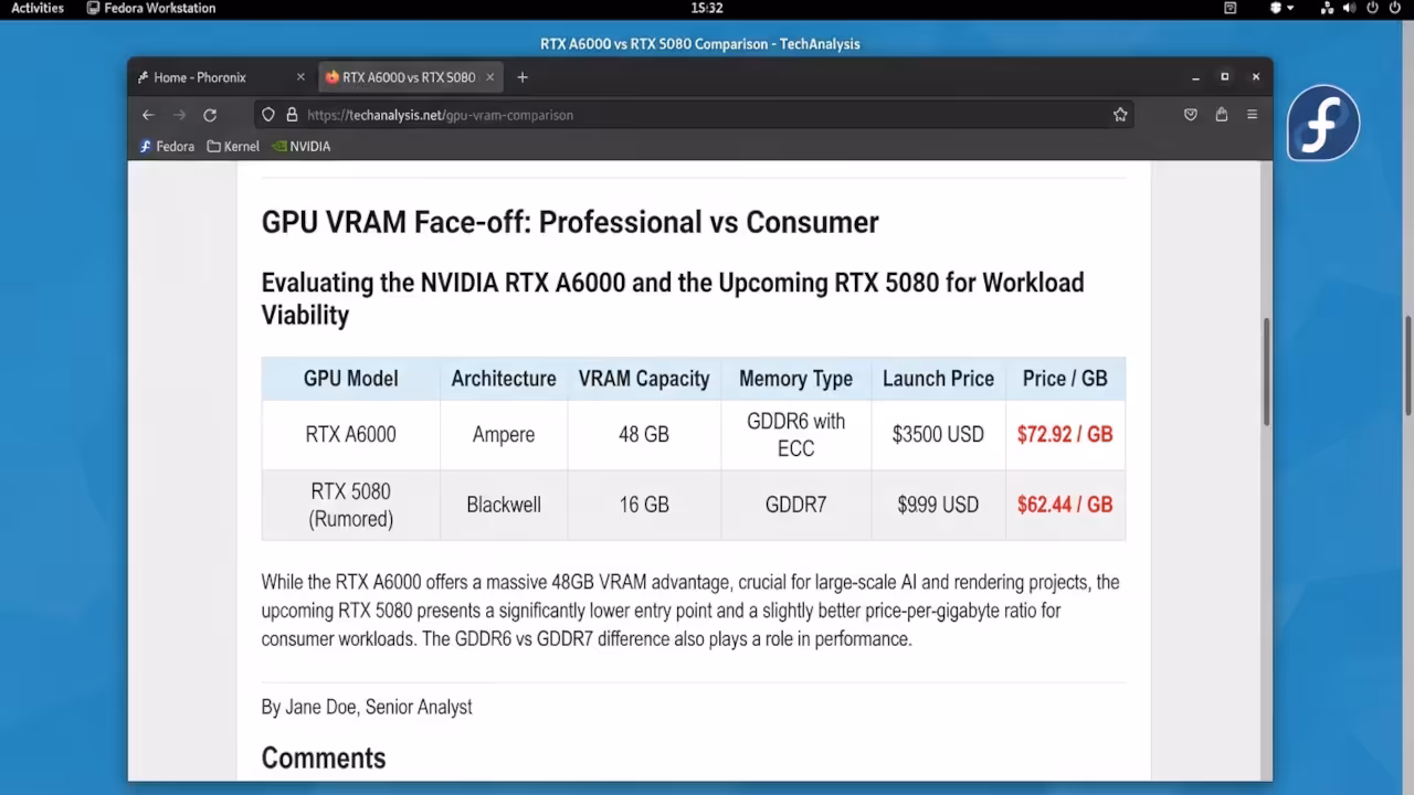 Browser window displaying GPU comparison table showing VRAM capacity and pricing differences between enterprise and consumer cards