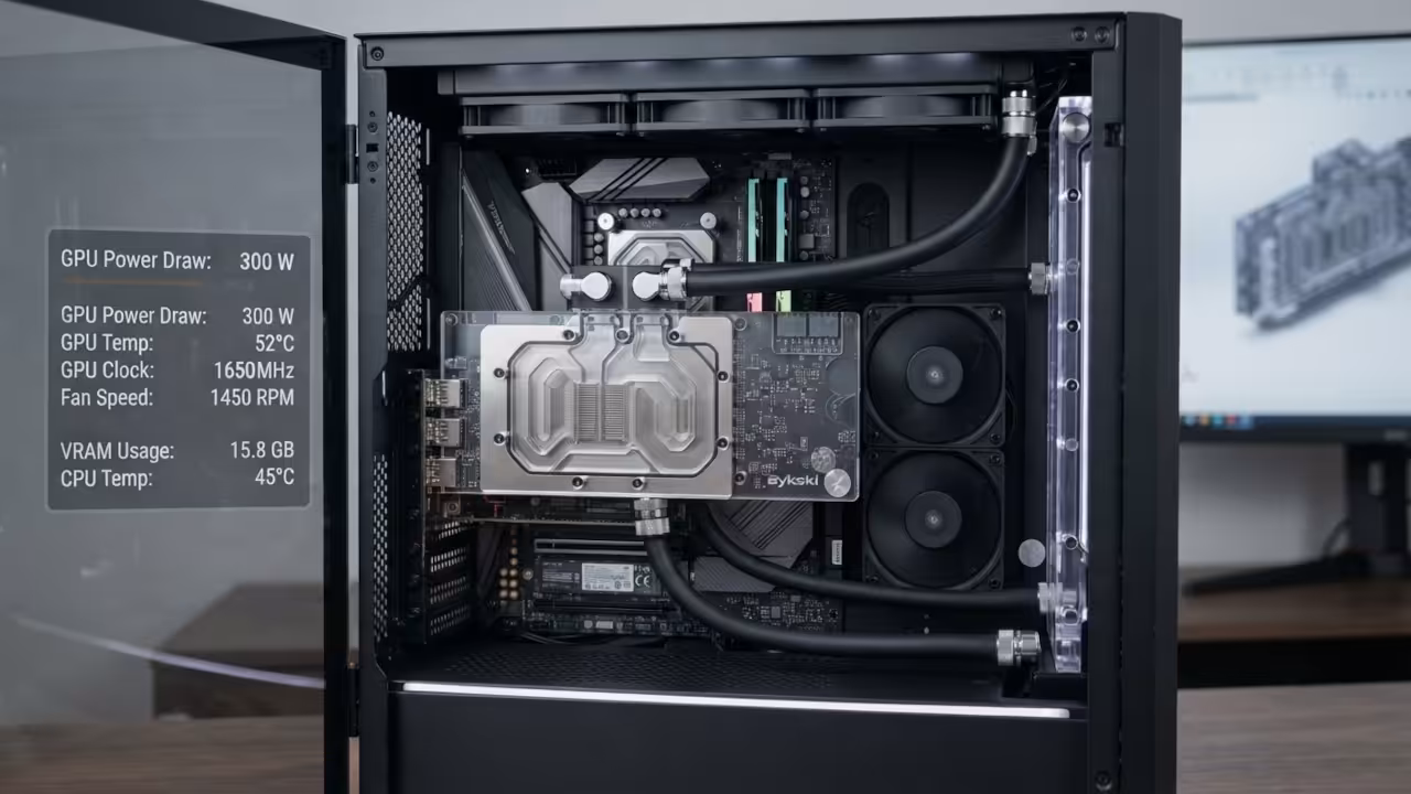 AMD Instinct Mi60 enterprise GPU with custom Bykski water block and dual ball bearing fans installed in desktop chassis