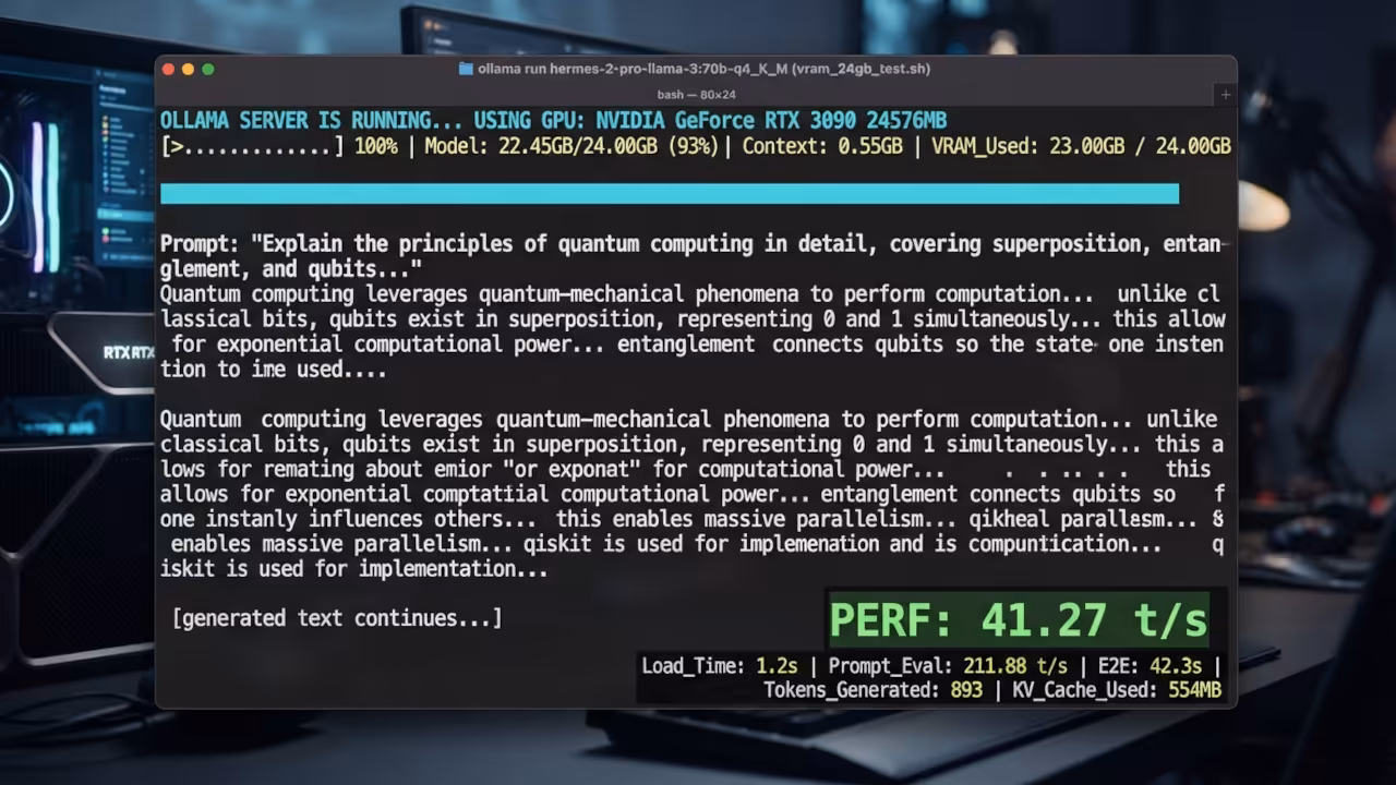 Terminal window showing 24GB VRAM allocation for LLM inference