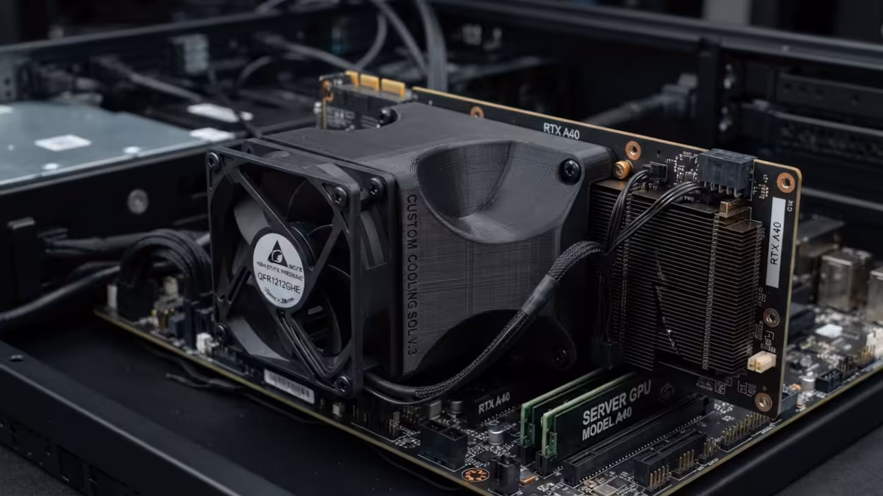 Custom 3D printed fan duct on a Tesla GPU