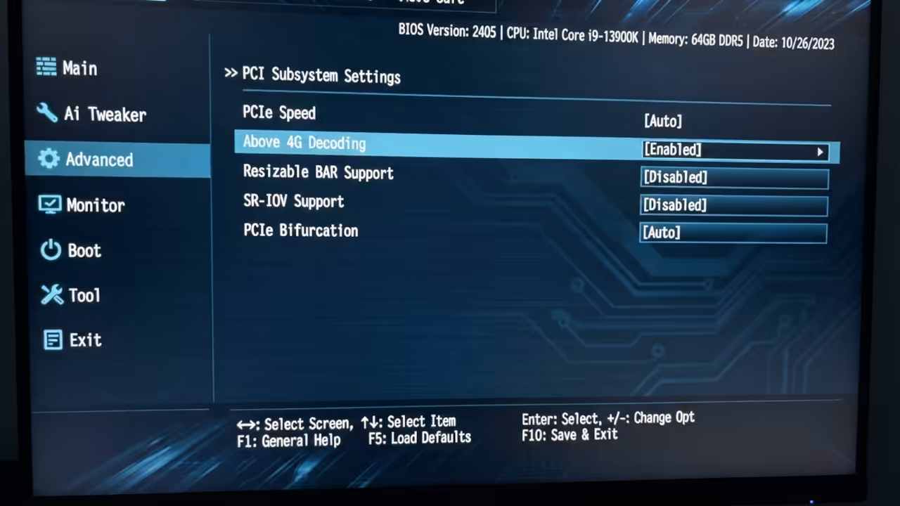 BIOS setting for Above 4G Decoding