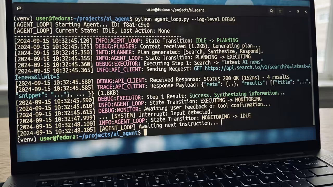 Fedora terminal running agent loops