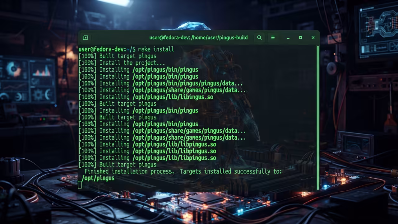 Fedora 44 terminal showing successful make install output for Pingus